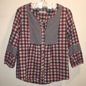 Entro Plaid Button Up Top Blouse Shirt 3/4 sleeve